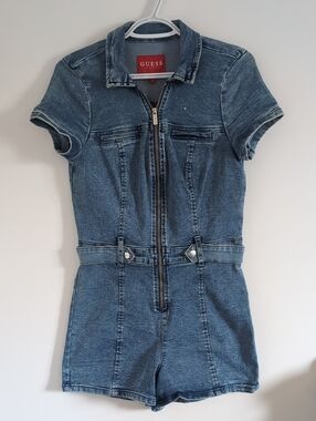 Guess Blue Denim Short-Sleeve Zip Romper